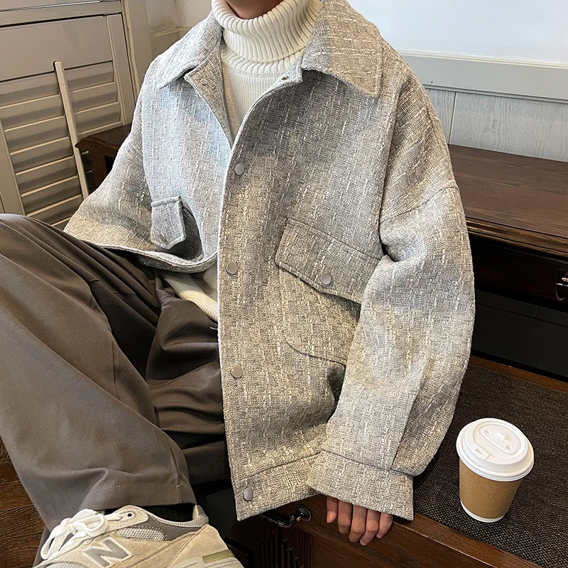 

Casual Chic Autumn Men's Jaet High Street Sle Loose Fit Premium Feel Turn-down Collar Quilted Fabric Long Sve Coat