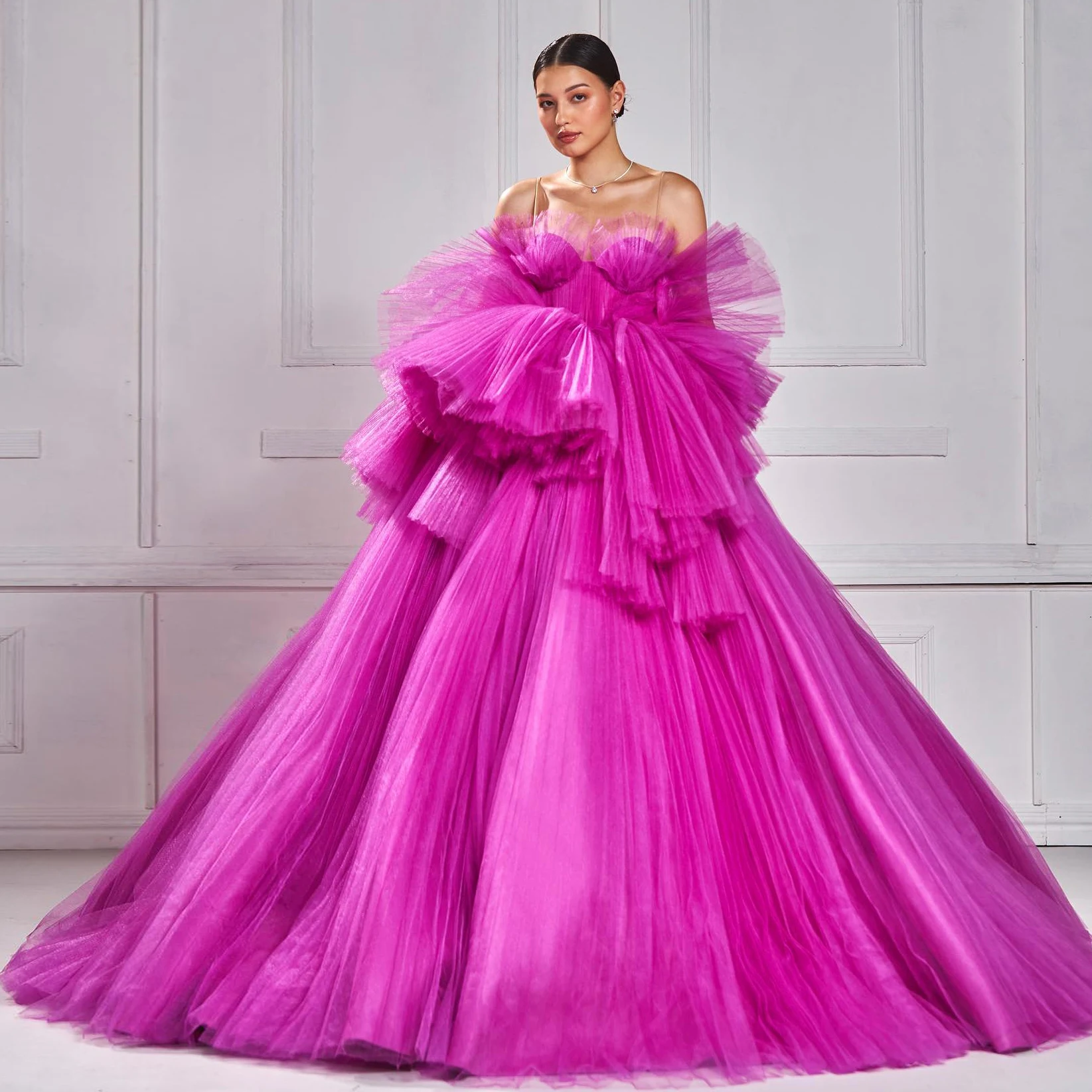 

Fabulous Fuchsia Lush Pleated Tutu Tulle Wedding Gowns Ruffles Tulle A-line Backless Long Maxi Gowns To Event Party