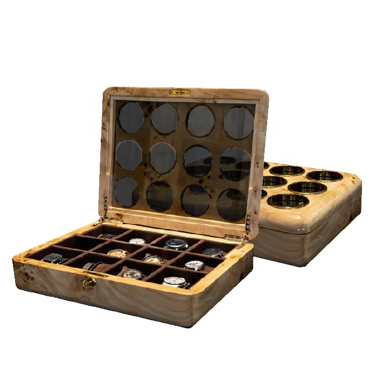 Mapa Burl Wood Embalagem Organizador de armazenamento de relógio Grande caixa de relógio com logotipo para 12 relógios atacado