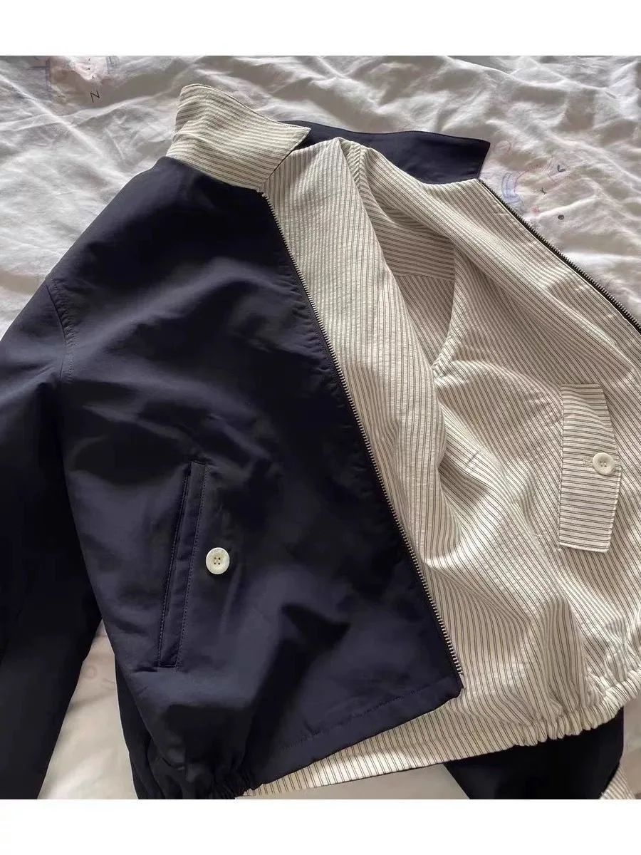 

American Sle Double-Sided Wear Striped Collar Jaet Men's Spring Autumn New Street CleanFit Coat Loose Fit Polyester Fiber