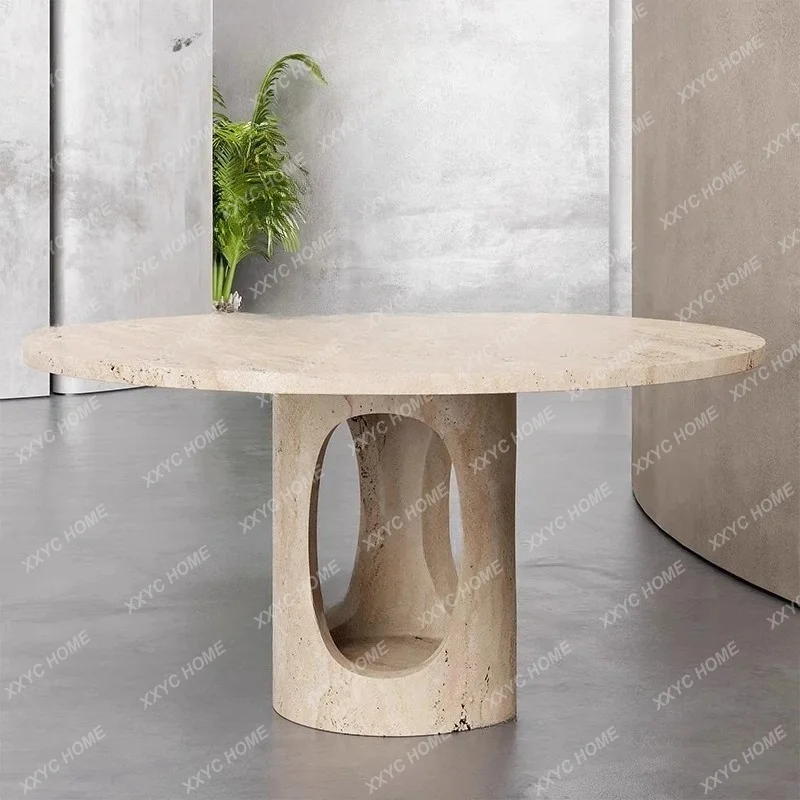 Natural travertine dining table, modern simple round dining table, creative multi-person dining table