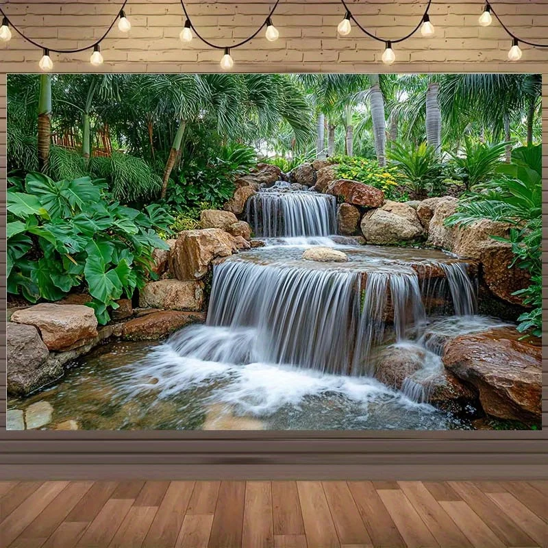 Tropical Garden Waterfall Tapestry Lush Jungle Plants Rock Stream Wall Decor Relaxing Nature Scene Indoor Oasis AestheticHanging