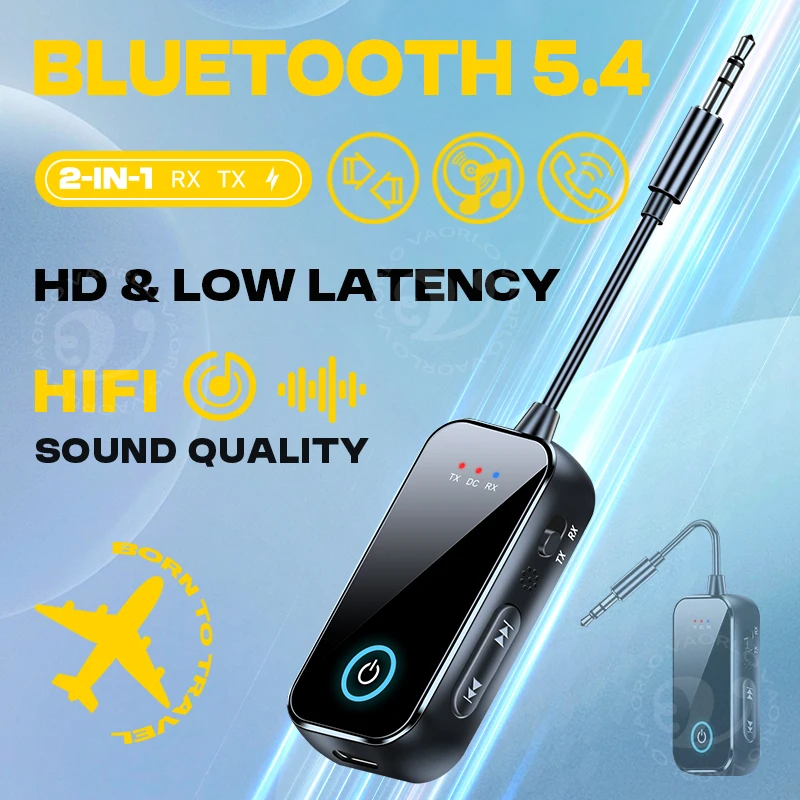Adaptador de áudio sem fio aux bluetooth 5.4, transmissor receptor 2 em 1, música estéreo de alta fidelidade, microfone de 3.5mm para carro, avião, tv, pc, alto-falante