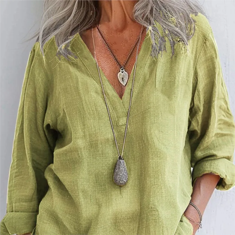 

Summer Blouses Spring New Women's Casual Loose Fashion Long-sleeve Cotton Linen Solid V-neck Pullover Top Women Shirts Vintage