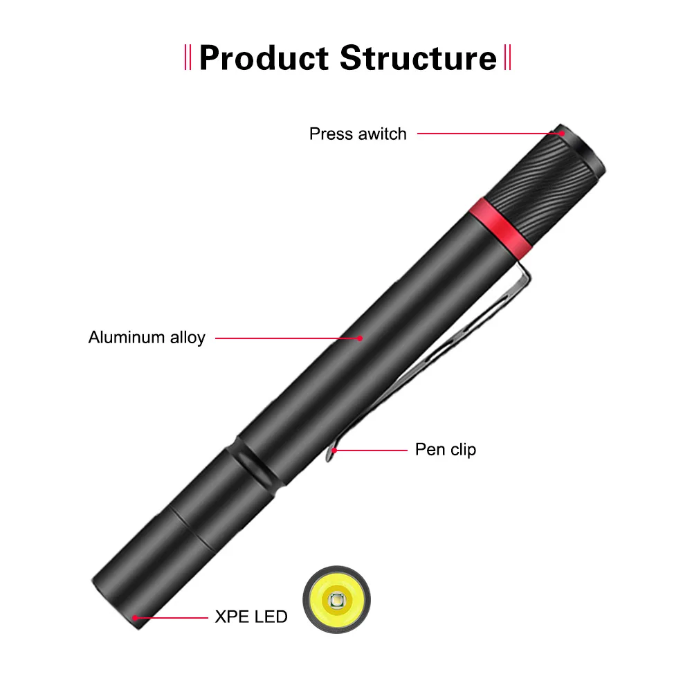 Portable small flashlight, XPE fixed focus household strong light flashlight, portable pupil pen medical LED flashlight AAA