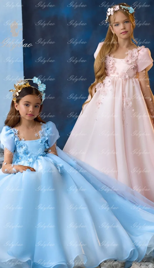 Vestido rosa de flores para niña, para boda, tul, manga larga, apliques hinchados, elegante princesa, fiesta de cumpleaños para niños, vestido de primera comunión