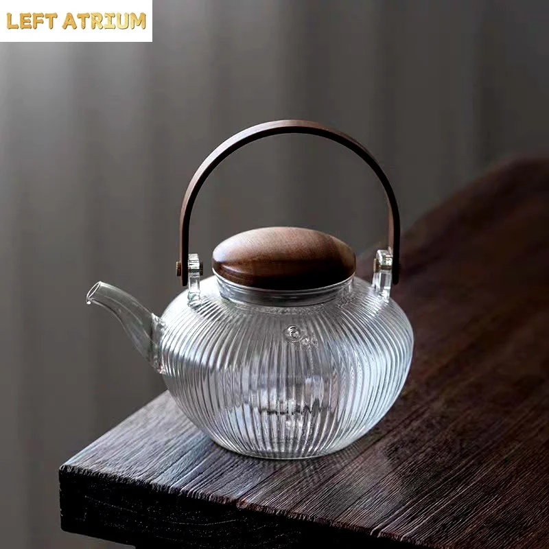 800ml Vertical stripes Wooden Beam Glass Teapot With Tea Infsuer  Boiling Puer Oolong Kung Fu Tea Set Health Flower Tea Maker