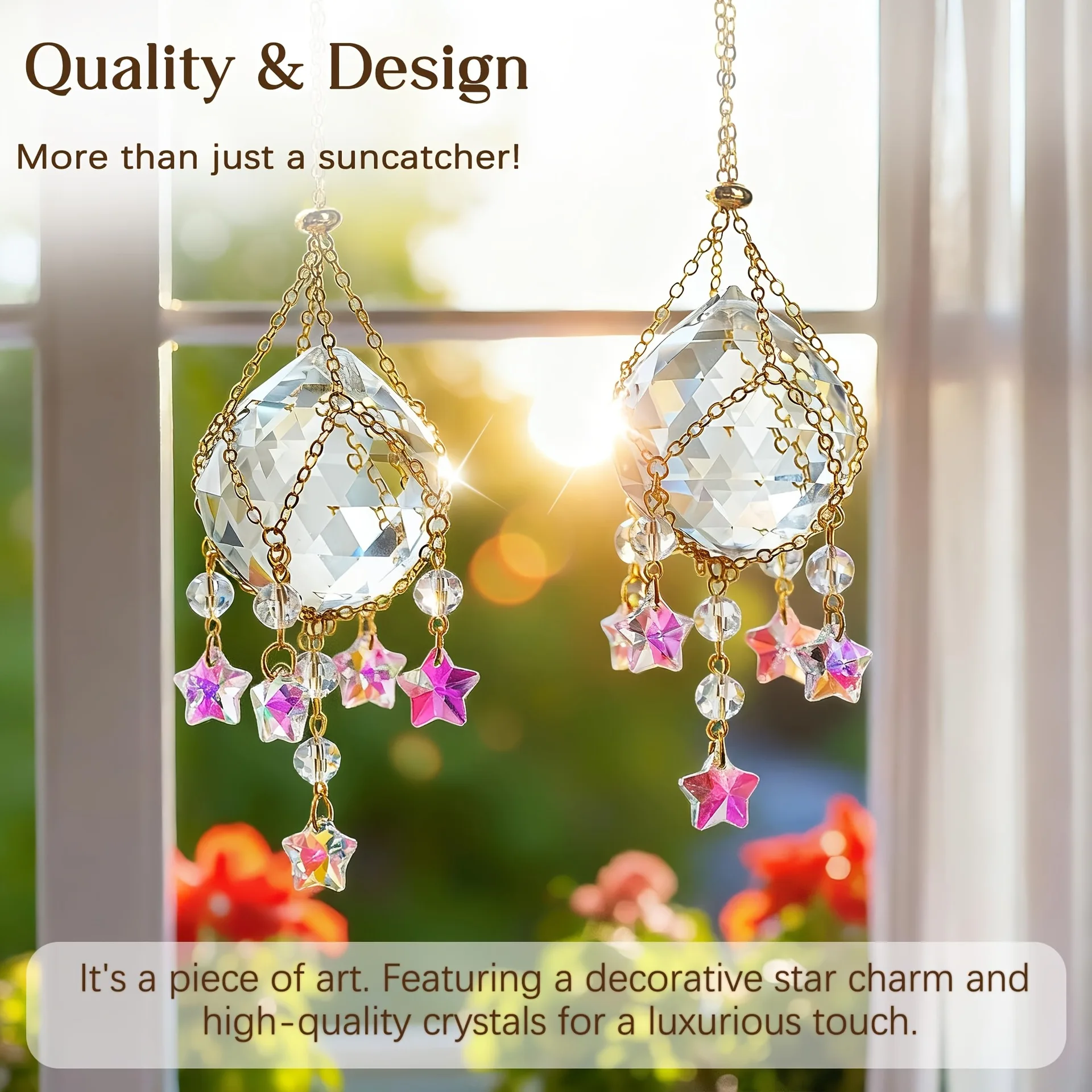D9 1piece Hanging Suncatcher Crystal Ball Mesh Pouch Star Prisms Magical Rainbow Reflection DIY Car Pendant Window Garden Decor