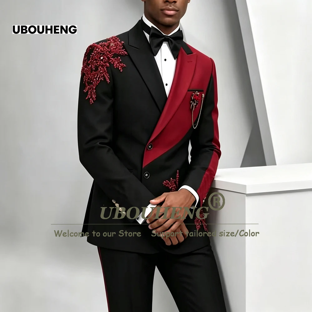 Patchwork Men Suit Asymmetrical Tuxedo With Crystals Appliques Prom Blazer Customized 2 Piece Sets Man Banquet Outfit Man Attire
