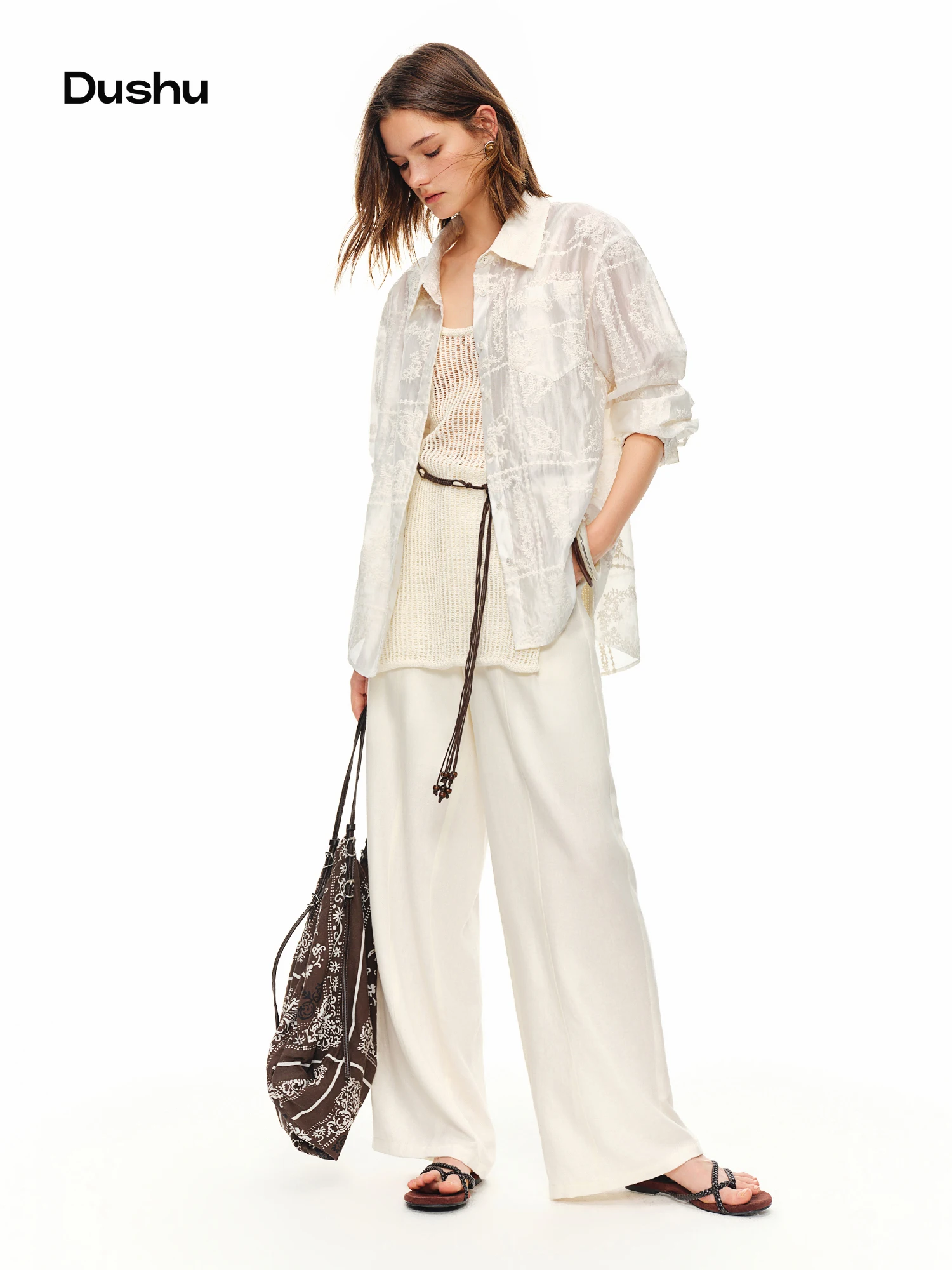 

Легкая женская блузка DUSHU 2026 с вышивкой – элегантная повседневная рубашка для летних многослойных образов