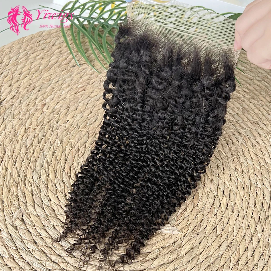 Yiwigs Kinky Curly 4x4 5x5 Transparent Lace Closure Only Raw Human Hair Free Part / Middle Part / Side Part 10-22 Inch