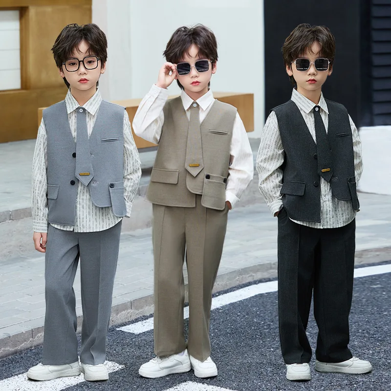 Simple Boys Waistcoat Suit Set Shirt Tie Straight Trousers for Kids Daily Wear School Activity Birthday Formal Gentleman Clothes