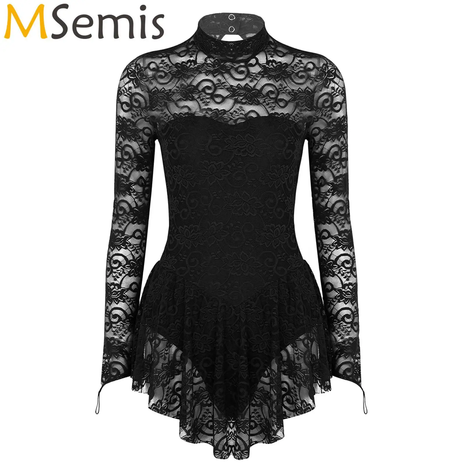 Womens Adult Floral Lace Figure Ice Skating Roller Skating Ballet Lyrical Dance Leotard Dress Gymnastics Tight Fitting Jumpsuit