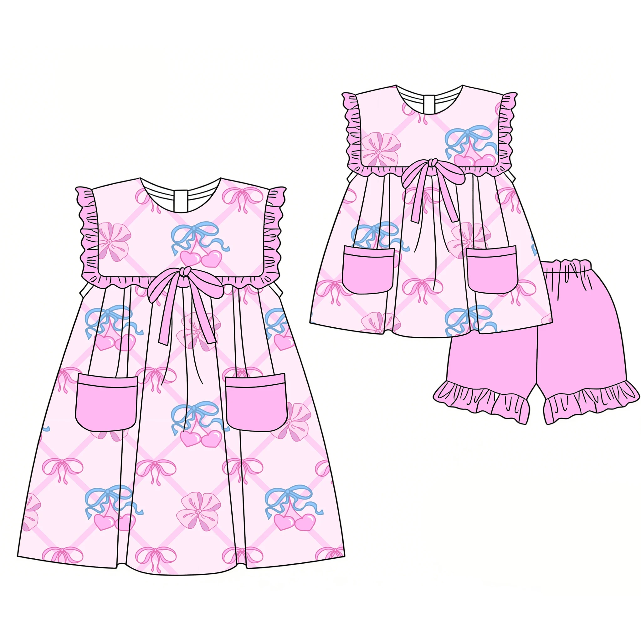 Boutique children's sets Sleeveless ruffle dress paired with shorts pocket bow decoration Fruit flower bow prints dress and set