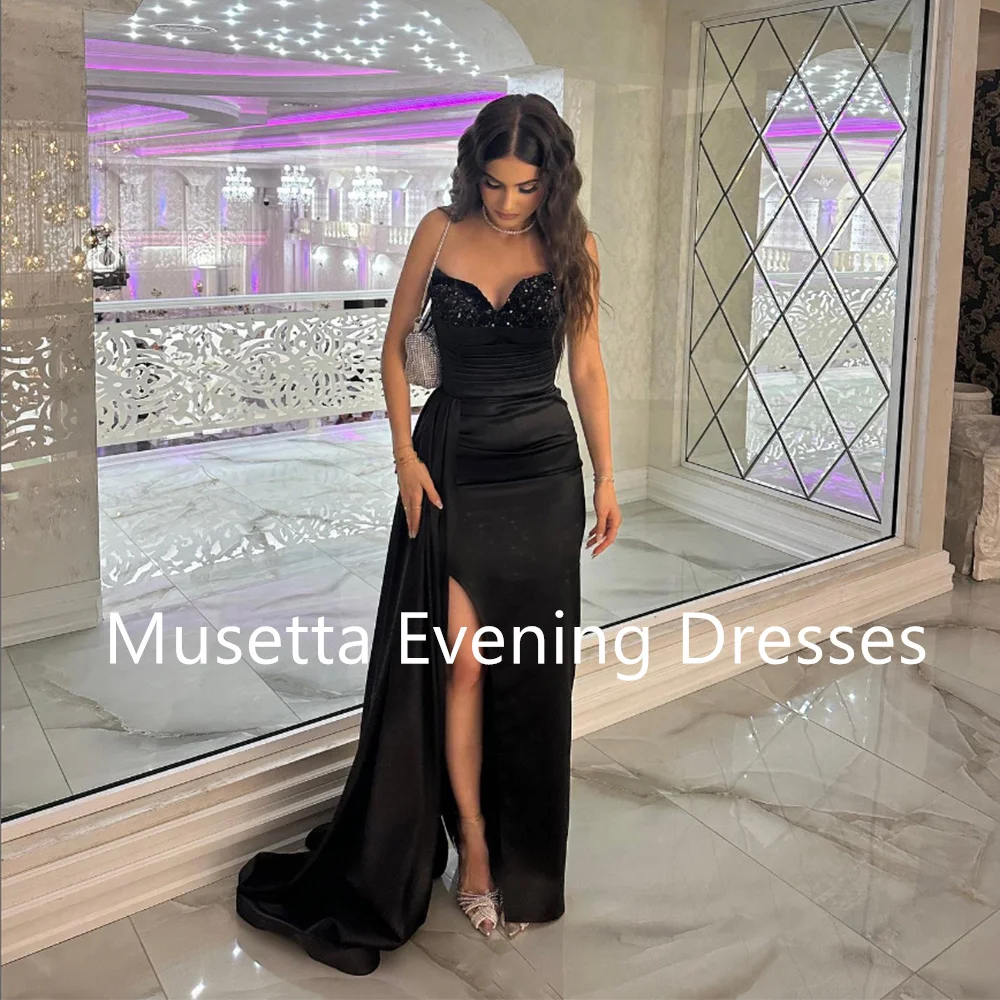 Musetta Modern Satin Pleat Prom Dress Sequined Sweetheart Strapless Evening Gowns Side Slit Train Vestidos De Noche Customized