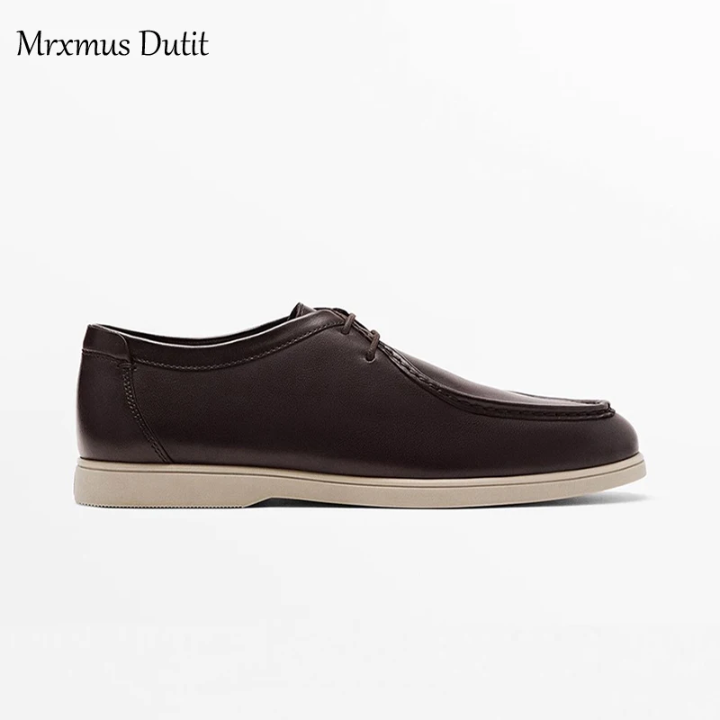 Mrxmus Dutit 2023 Autumn Fashion Men New Genuine Leather Flat Commute Style Shoes Lacing Solid Color Casual Simple Male Chic