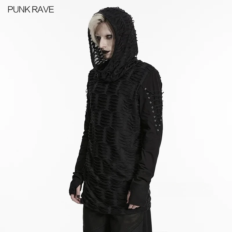 PUNK RAVE Men's Gothic ​​​​​​​tattered Knitted Fragmented Visual T-shirt Pile Collar Club Handsome Casual Black Top