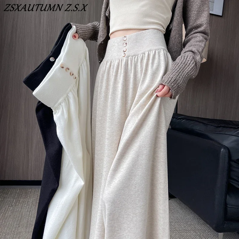 

Soft Waxy Knit 4 Button High Waist Wide Leg Pants Women Autumn Winter 2024 Lazy Wind Casual Trousers Female Fashion Elegant