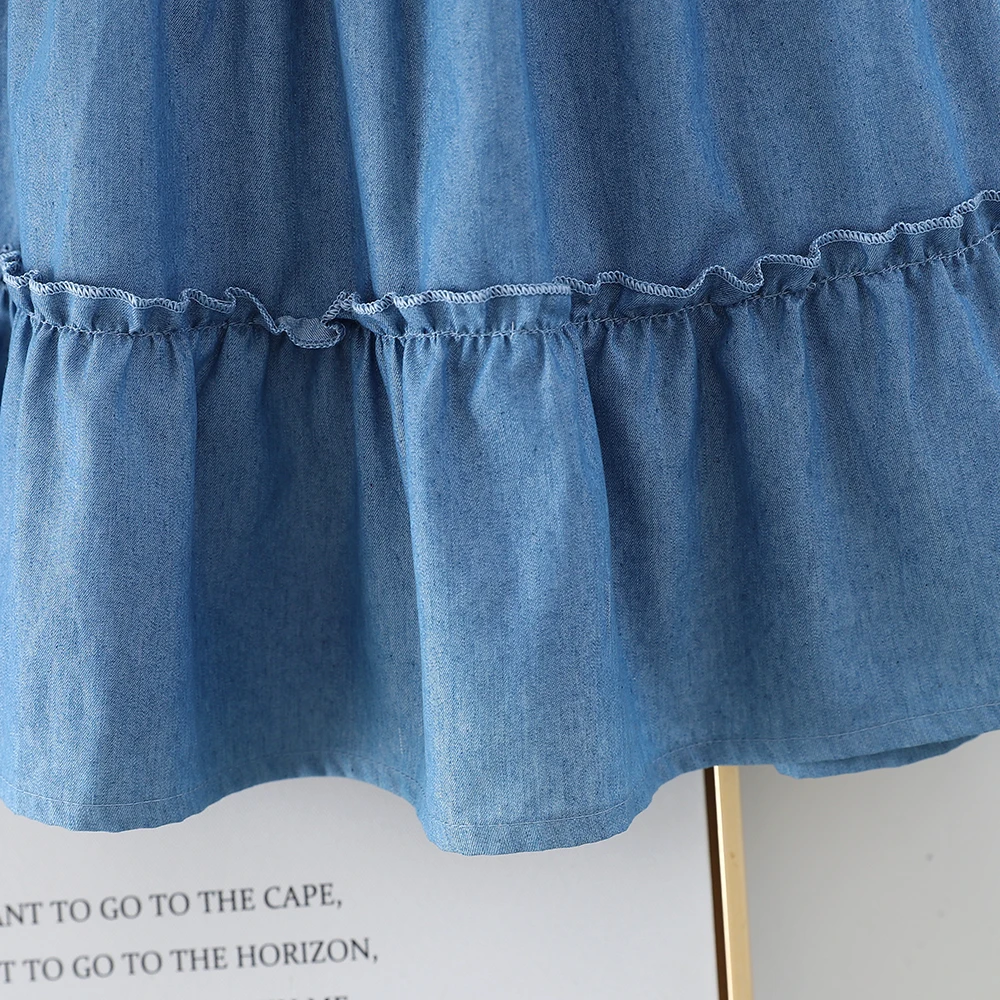 Summer Girls Dress Summer Flying Sleeve Pure Blue Tiered Dress Casual Style Kids Clothes