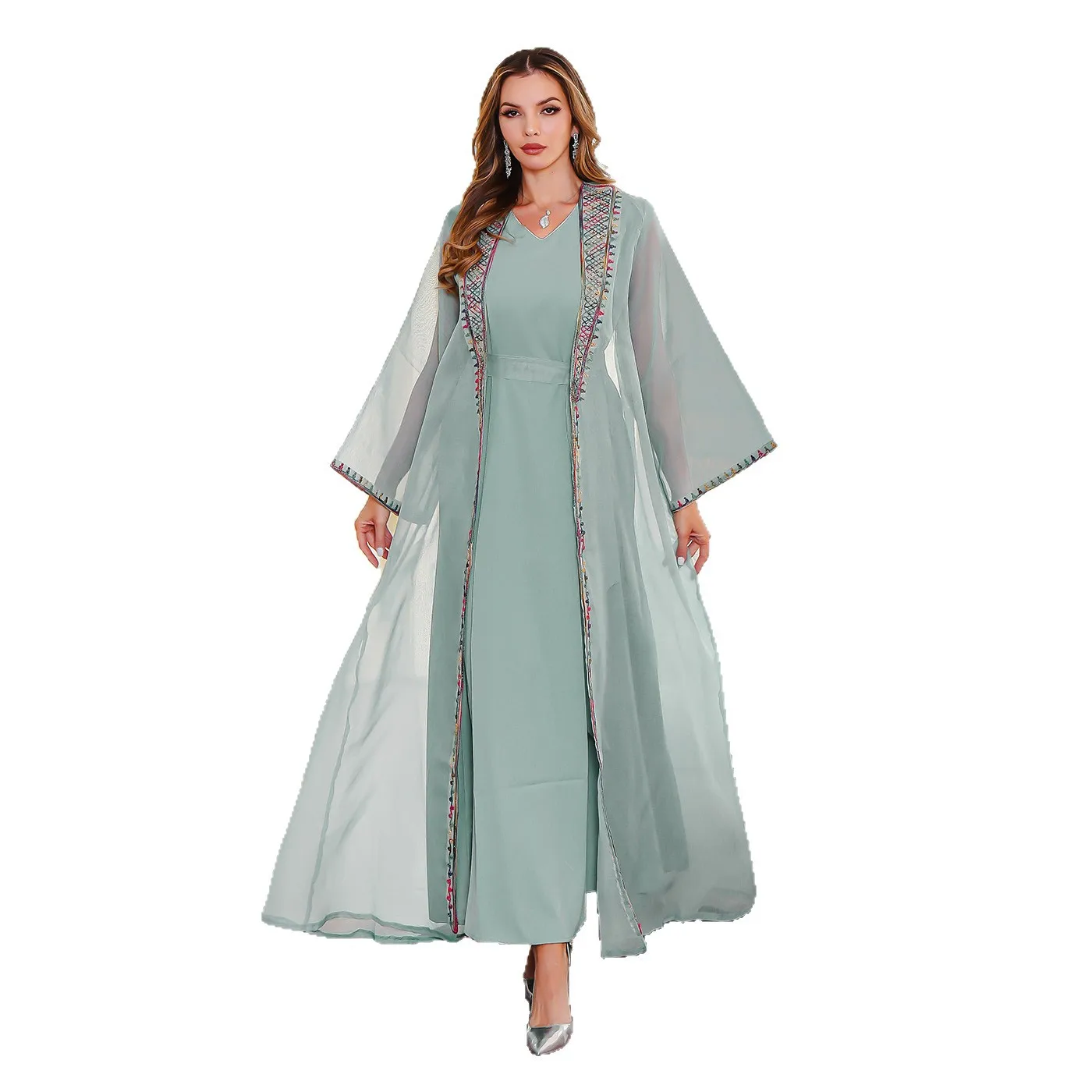 Muslimisches zweiteiliges Kleid, orientalische Kleidung, besticktes Netz, langes Kleid, Abaya, elegante Damenrobe