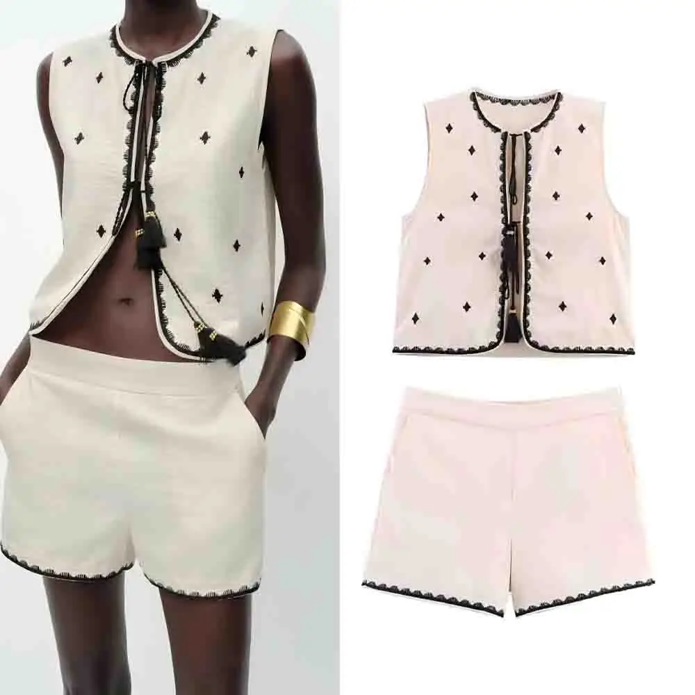 

Women's summer fashion lace up tassel decoration casual embroidery top retro sleeveless women's vest chic top+Shorts suit