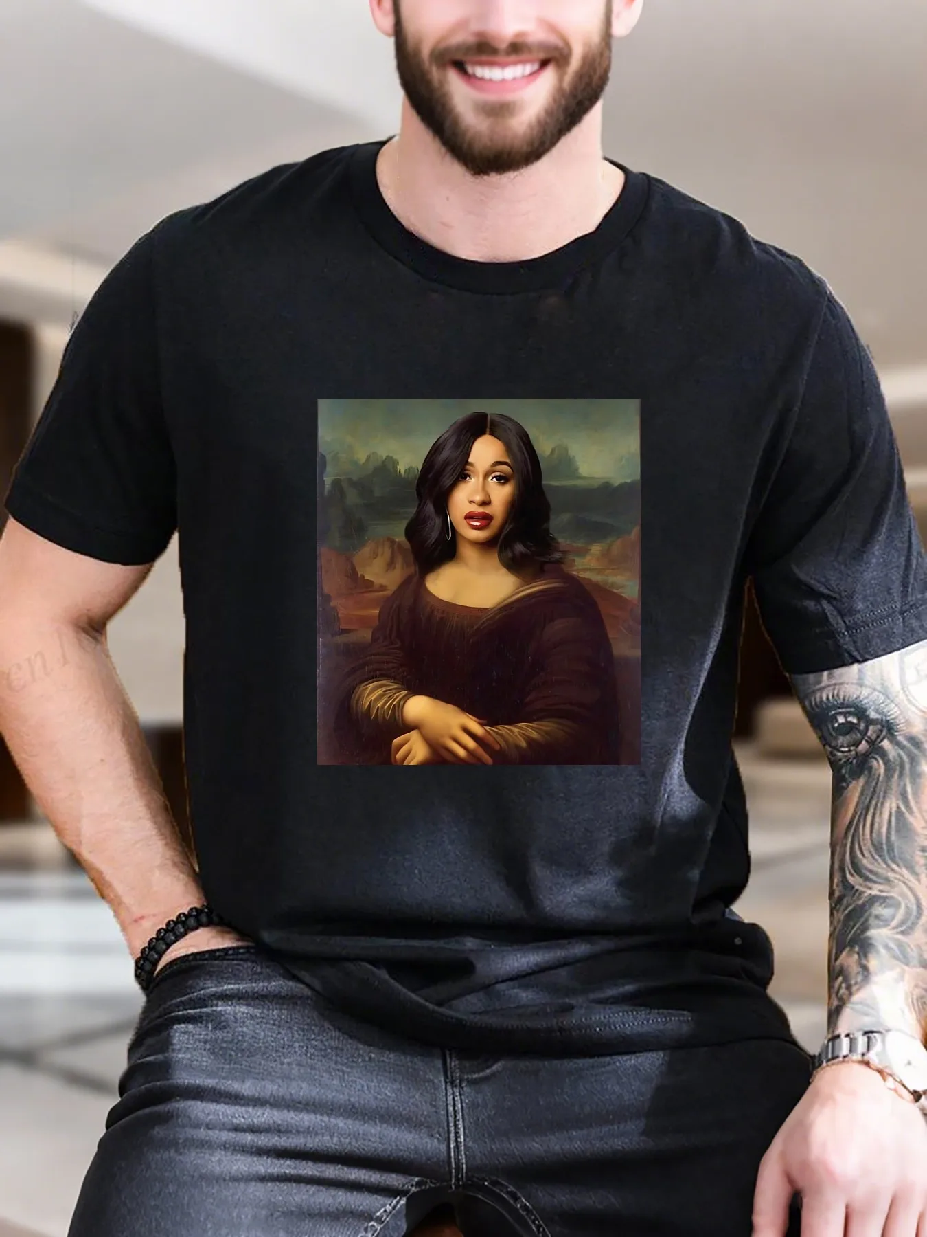 

New Arrival Fashion Men's Printed T-Shirt Artistic Painting of Woman with Red Lipstick Brown Dress 100% Cotton Breathable Tee Ca