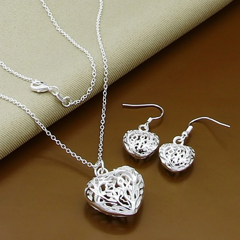 925 Sterling Silver Love Shape Necklace Ring & Ear Stud Set