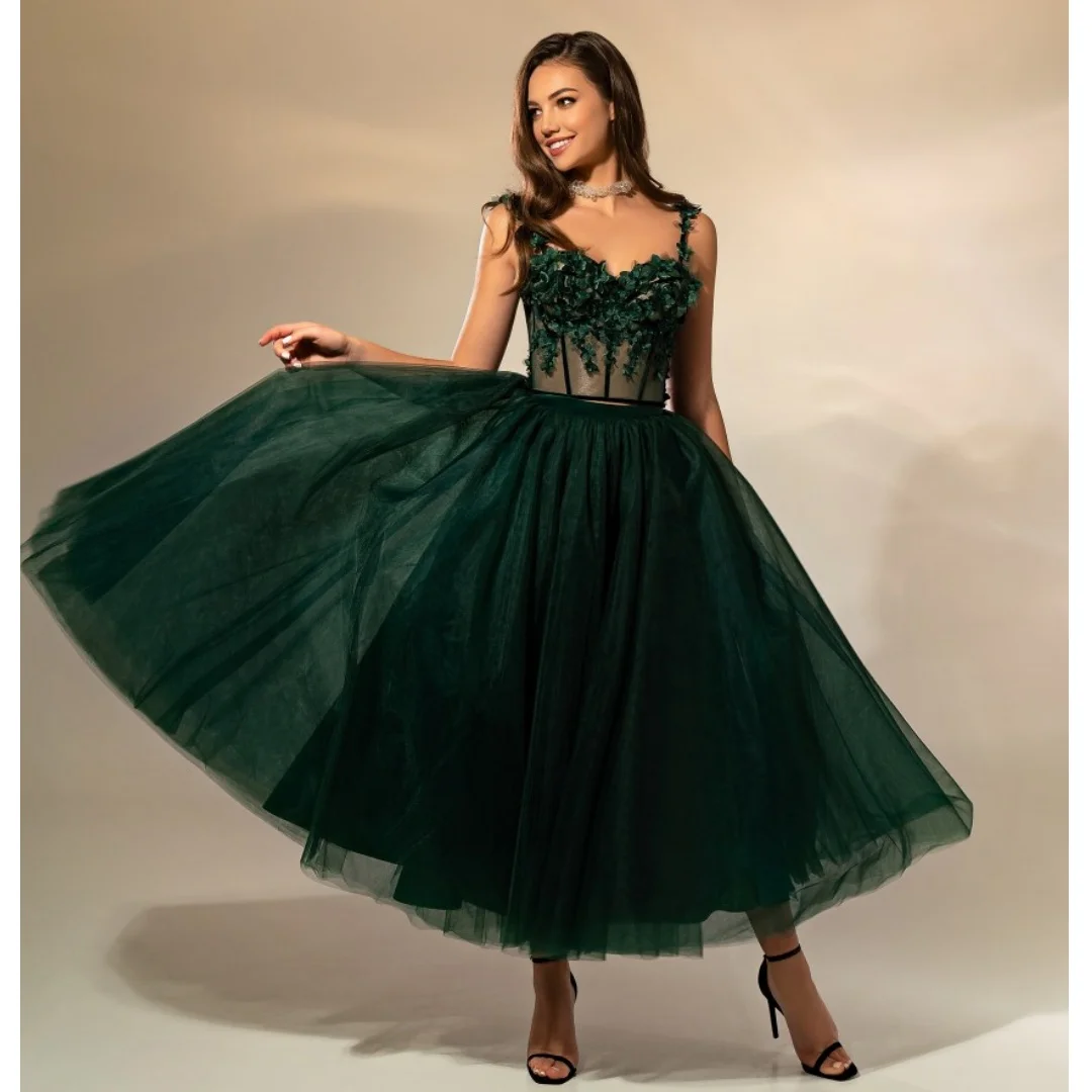 

Hunter Green Prom Dresses Customized Flower Appliques Short Party Gown Illusion Corset Chic robes de soirée