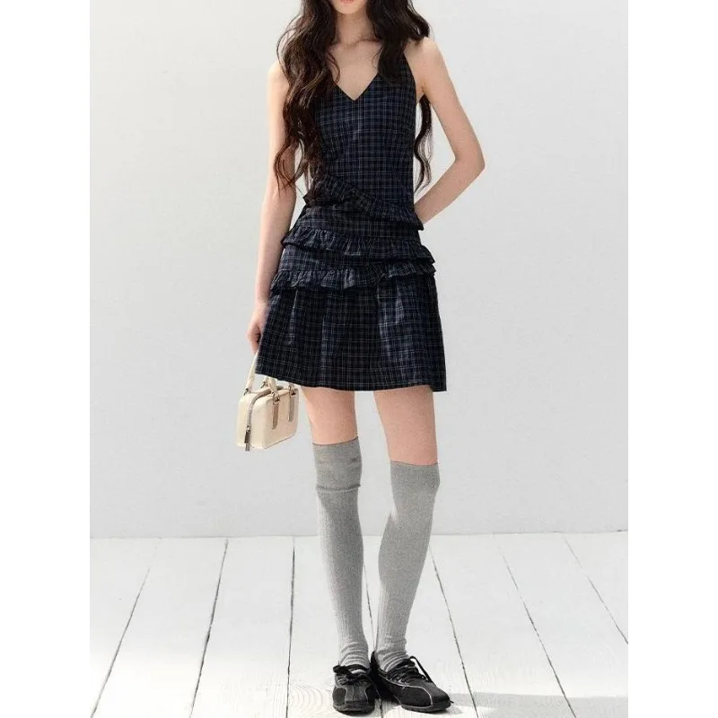 

Летнее корейское модное платье в стиле 2000-х годов, винтажное женское платье синее в клетку, с V-образным вырезом, без рукавов, ретро, приталенное, стройнящее, женская одежда