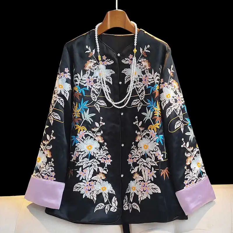 Spring New Chinese Style O-Neck Contrast Color Cuff Top Women\'s High End Embroidery+Bead Elegant Jacket S-XXL
