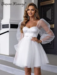 Sexy see through mini summer dress women elegant luxury mesh wedding party dress long sleeve bridesmaid evening dresses vestidos