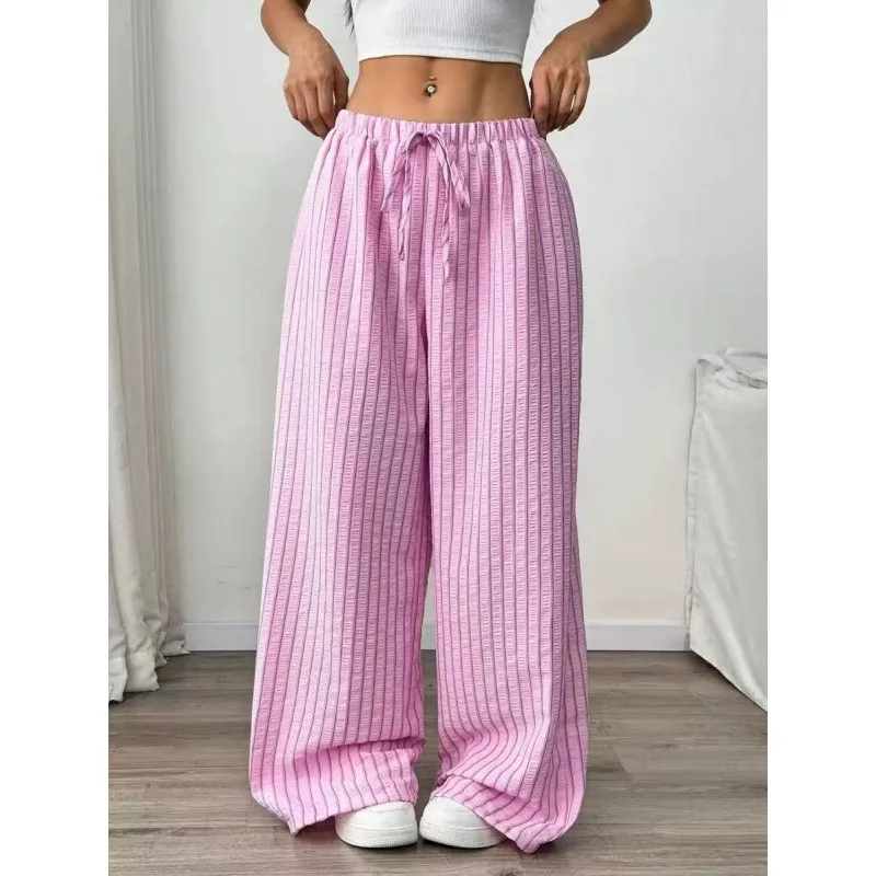 New casual style women's Pink drawstring elastic waist relaxed versatile wide Leg striped fashion Trousers with pockets