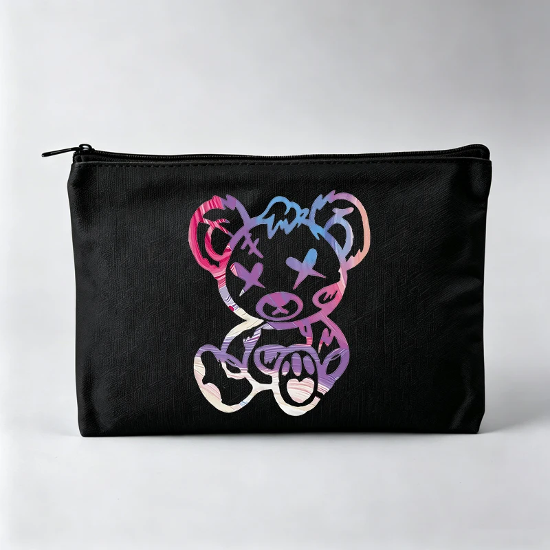 Women's Bear Graphic Makeup Bag, Zipper Cosmetic Pouch with Abstract Print for Daily Use