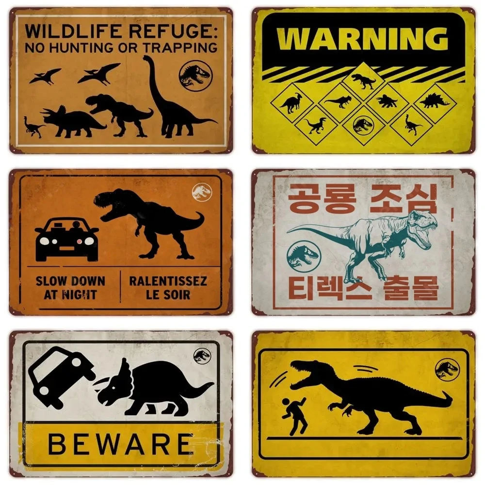 FJ Metal Tin Signs Beware of Raptor Funny Posters Slow Down Sign Garden Home Wall Outdoor Zoo Plaque Dinosaur Decor