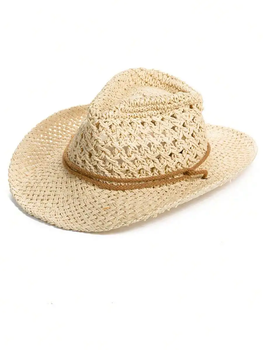 

Bohemian Hollow Straw Hat Summer Beach Vacation UV Protection Woven Panama Cowboy Hat Unisex