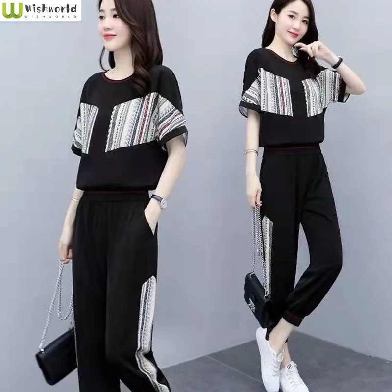 

Spring and Summer Women's Suit 2022 New Fashion Leisure Suit Korean Loose Short Sleeve Leggings Two Piece Women's Track Suit