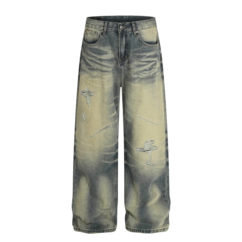 

Gxfortune American Retro Washed Destroyed Jeans Loose Straight Leg Long Trousers for Men And Women Trendy Autumn Jeans