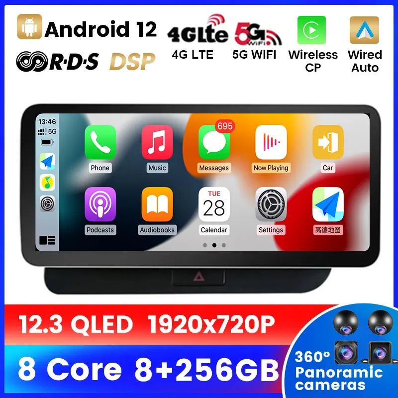 12.3 "sistema android 12 rádio estéreo do carro para audi q5 2009 - 2017 rhd wifi 4g 8 + 128gb carplay bt qled tela de toque navegação gps