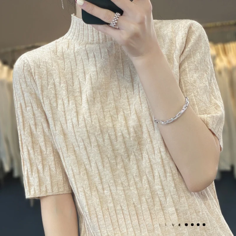 

Spring Autumn New Women's Knitted Wool Loose Sleeveless Top Half High Collar Crew Neck Short Sleeve Base Layer Shirt Inner Wear