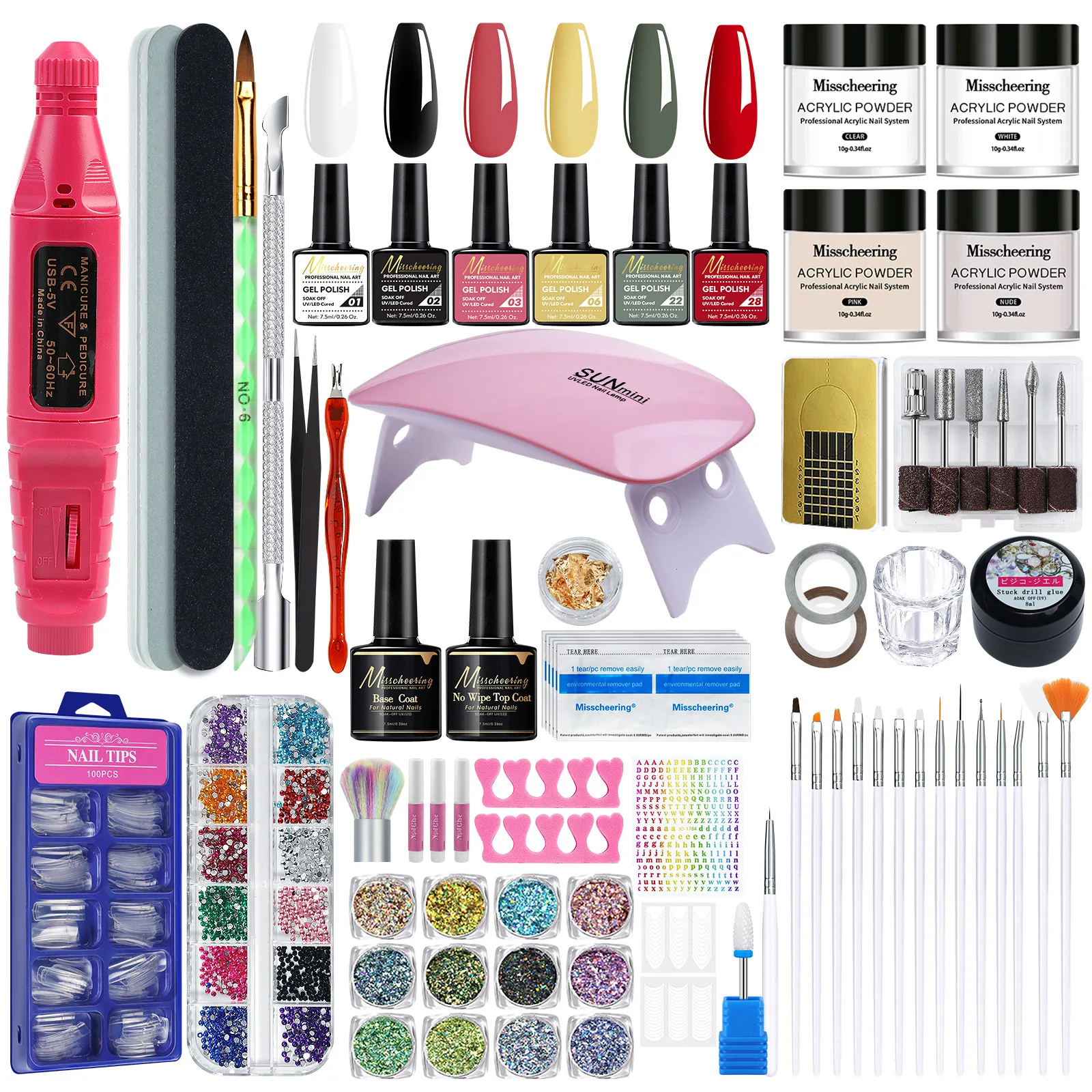 Nail Art Kit With Nail Drill Machine And Nail Glitter Powder - Starter Tool Set For Manicure Beginners