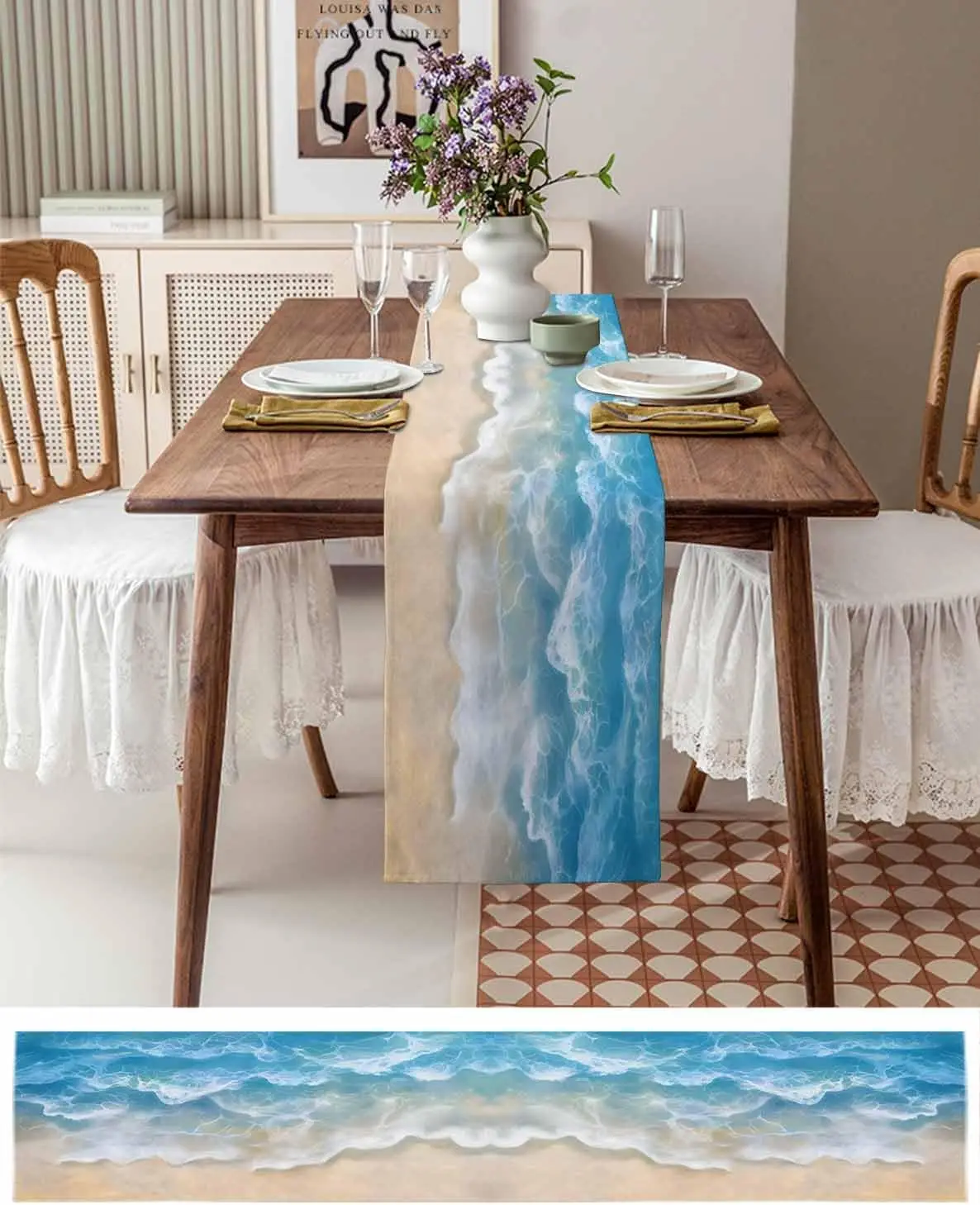 شاطئ المحيط موجة الأزرق تموج الماء الجدول عداء مضمد وشاح ديكور قابلة لإعادة الاستخدام المطبخ طاولة طعام عداء ديكور الحفلات #6