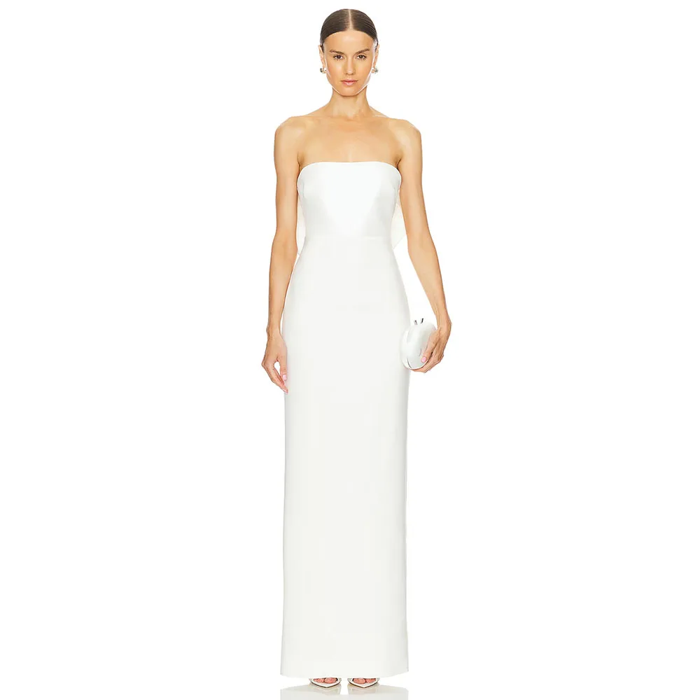 

Elegant Ivory Evening Gown Strapless Prom Dress For Wedding Floor Length Back With Bow Formal Slit Sleevesless Party Dress