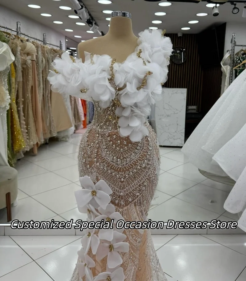 الشمبانيا الترتر قبالة الكتف فساتين السهرة للنساء رائعة مطرز الزهور حفل زفاف فستان فساتين حفلات مخصصة