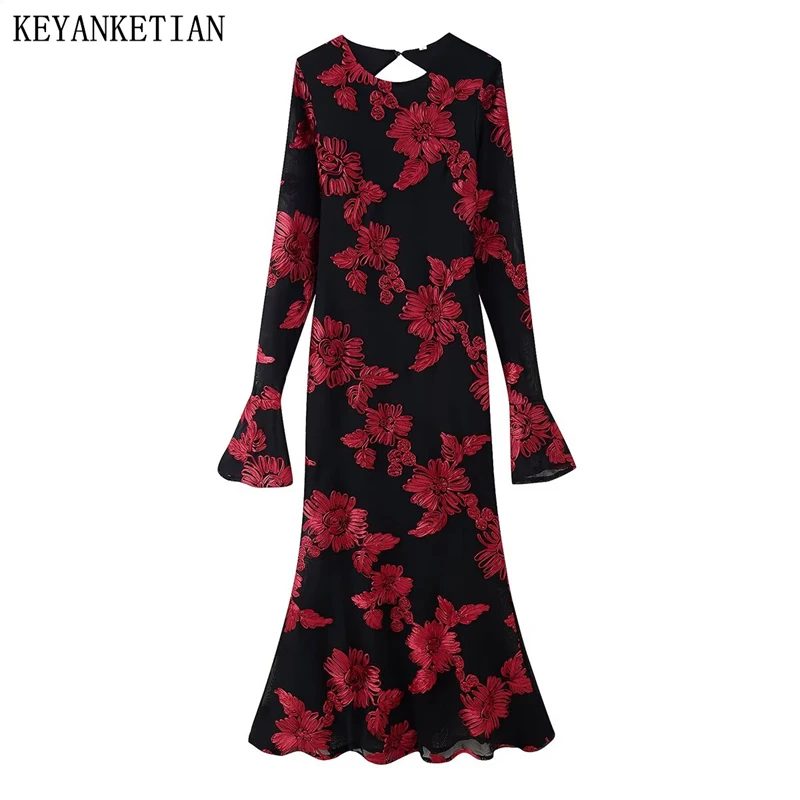 

KEYANKETIAN 2025 New Women's Applique Decoration MIDI Dresses Retro style O-Neck Flare sleeve Slim Backless Mesh Fishtail Dress
