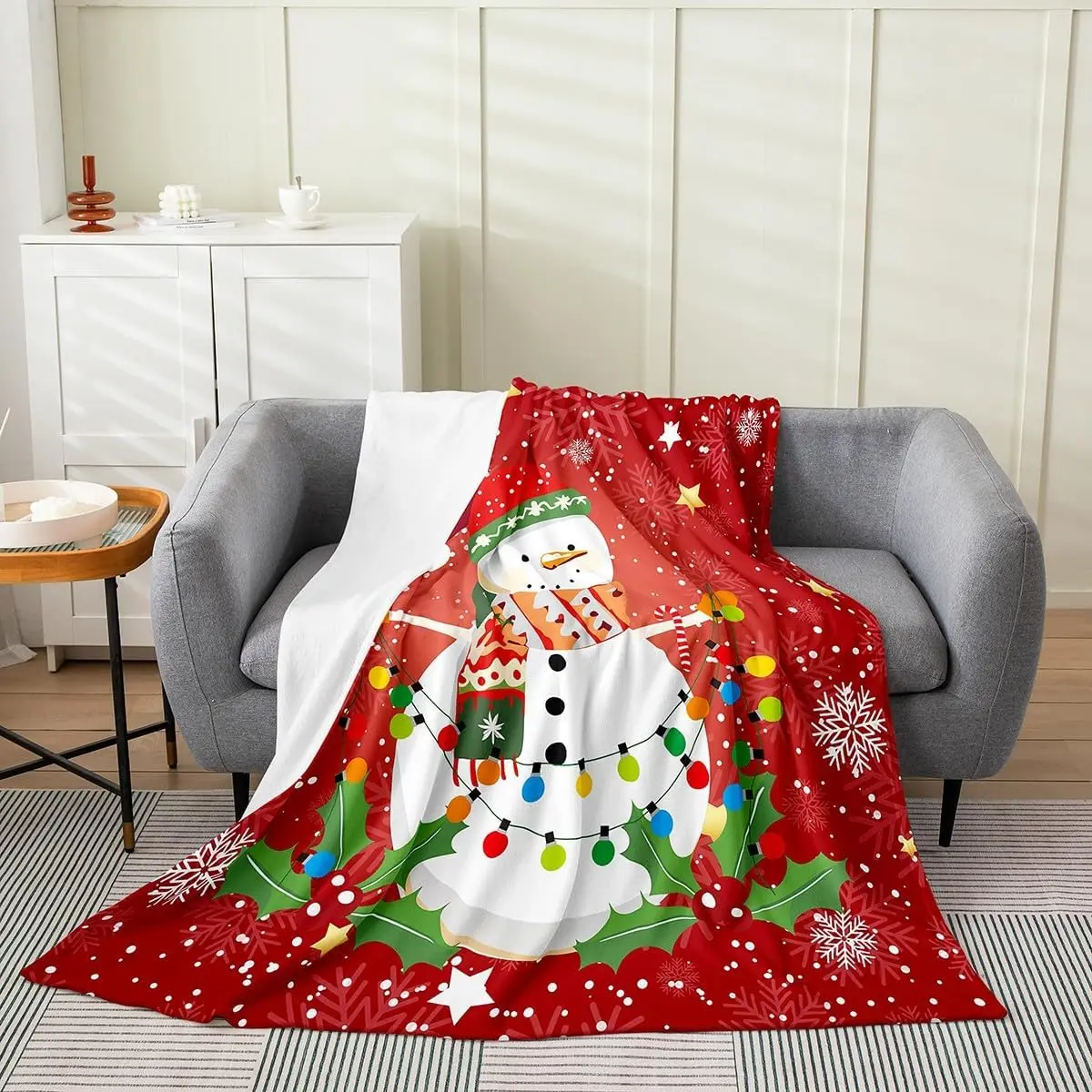 

Snowman Blanket Throw, Christmas Snowflakes Warm Throw Blanket for Sofa Bed, Light Balls Stars Kids Teens Fleece Blanket