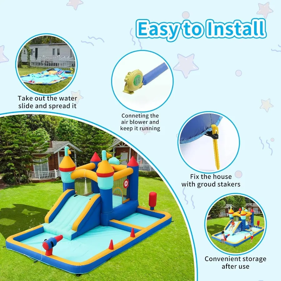 Springhuis met glijbaan, opblaasbaar kasteel met splash zwembadwaterkanonnen, springkasteel voor buiten/binnen met luchtblazer, ballenbak