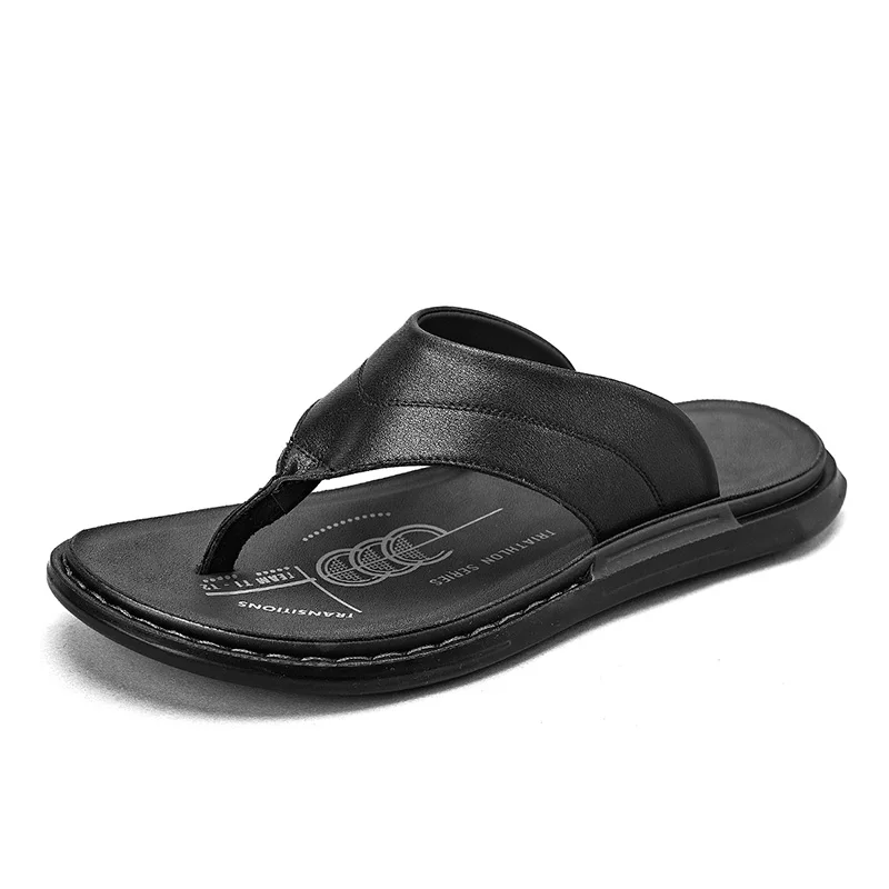 

Jumpmore Summer Outdoor Men's Slippers Black Leather Soft Comfortable Slip-On Sandals Spring Autumn Seasonal Footwear