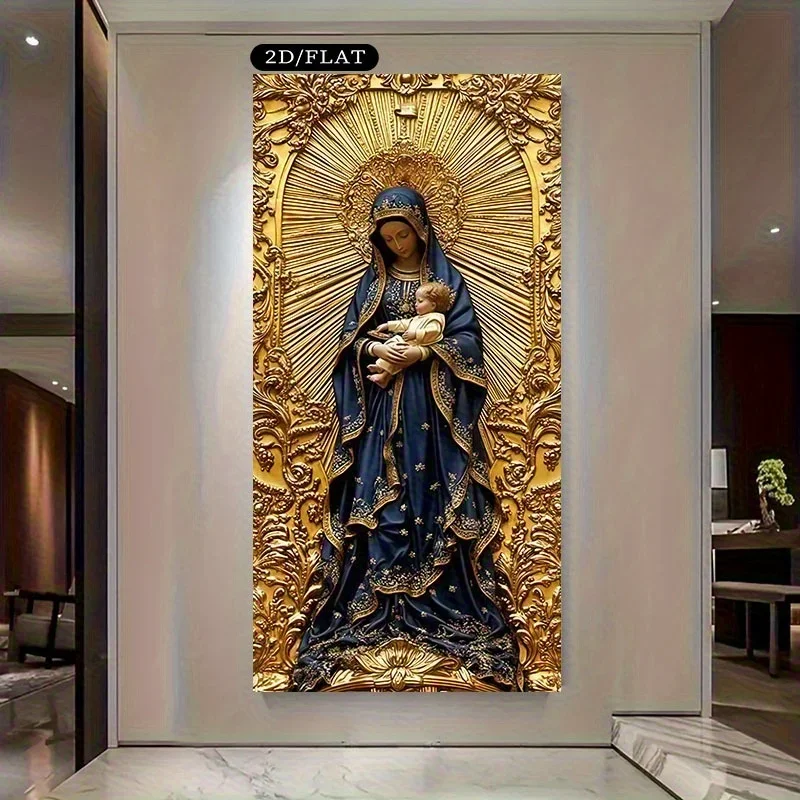 1pc frameless Canvas Painting 2D Flat Large Virgin Mary & Jesus Religious Canvas Wall Art - Unframed Elegant Blue & Golden Canva