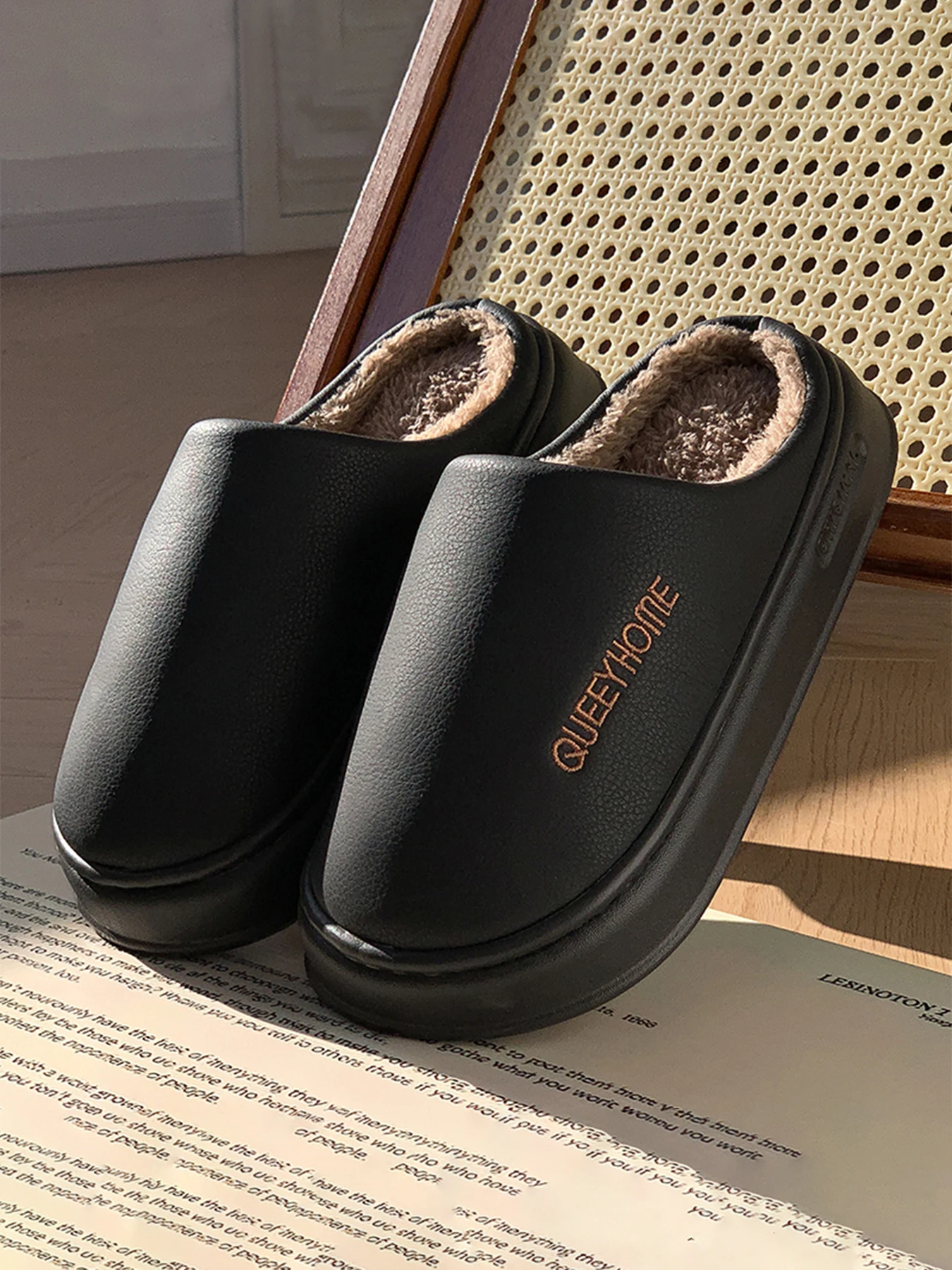 Slip-on Closed Toe PU Slippers for Men, Waterproof Outer, Cozy Warm Lining, Ideal Daily Indoor Footwear