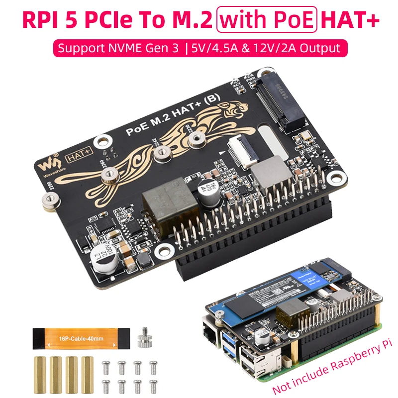 Raspberry Pi 5 PCIe To M.2 With PoE HAT (B) Supports NVMe Protocol M.2 Solid State Drive High-speed Reading Writing Pi 5 PoE HAT